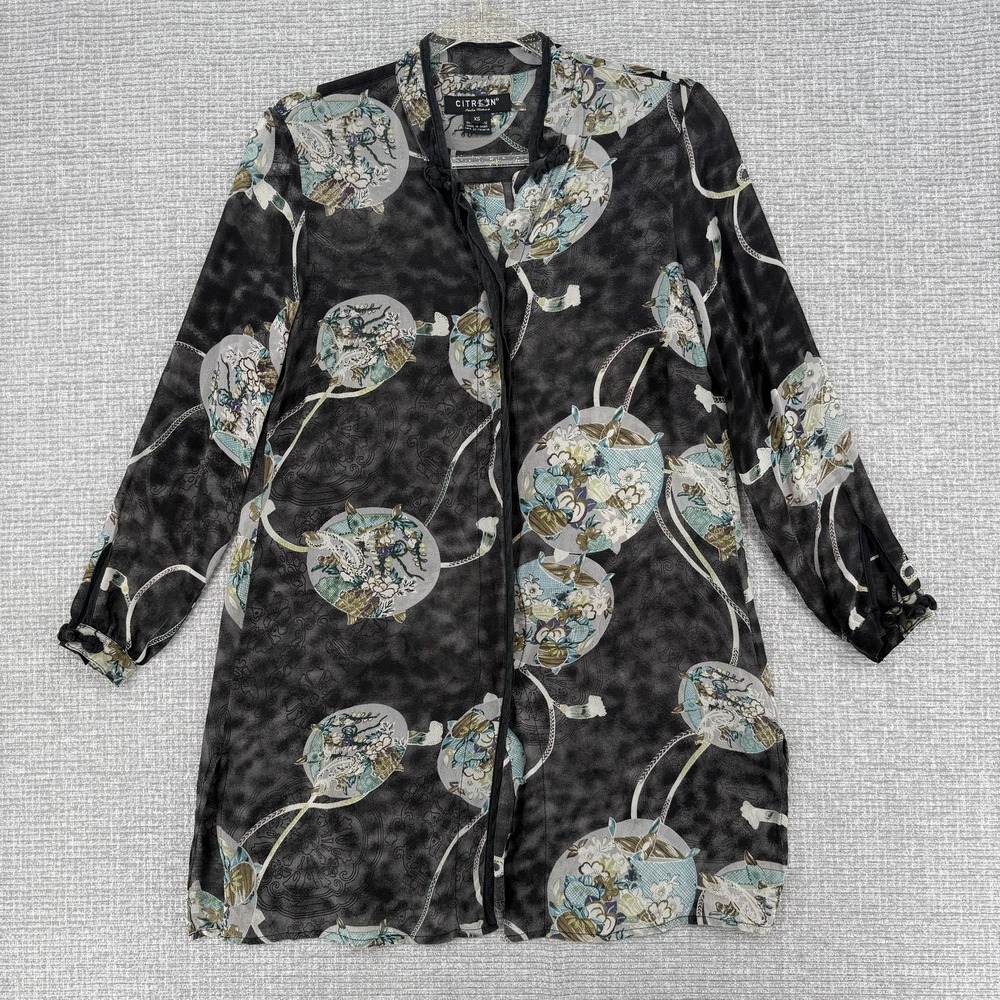 Citron Button-Up Womens XS Black Tunic Silk Chiffon Floral Lightweight